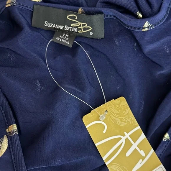 Suzanne Betro Gold Leaf Print Empire Dress Sz 1X Lace Sleeve Ruffle Cuff Pockets - Picture 6 of 8